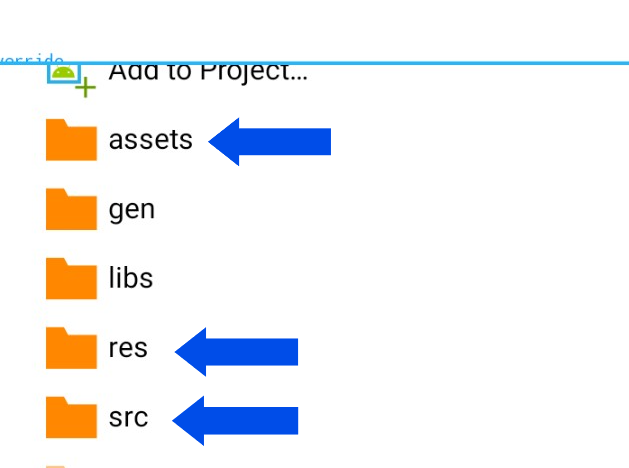 Assets for images, res for layout, src for java MainActivity