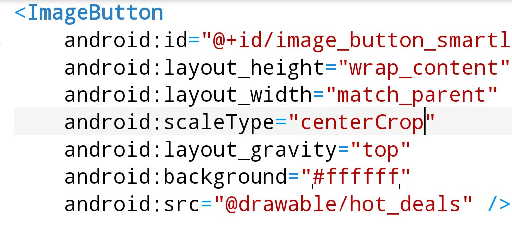 image button code at layout of main.xml, scale Type for image centerCrop