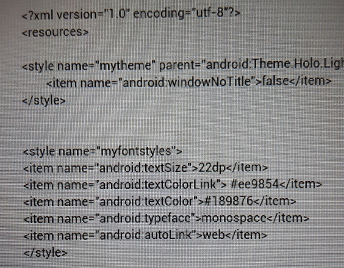code for the style xml file for theme and style definition, learn android with examples